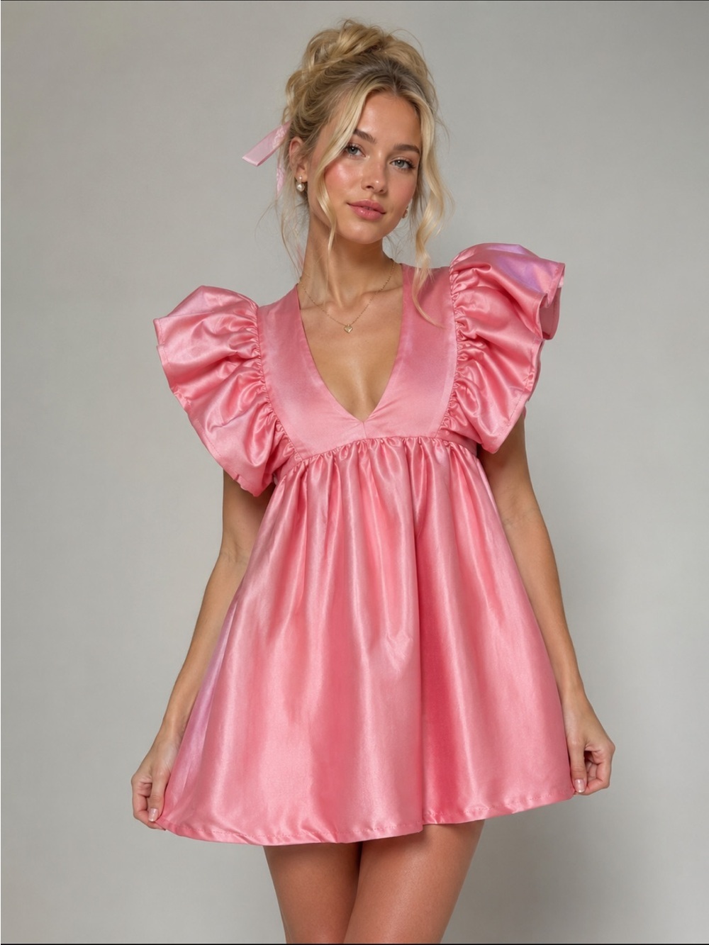 Hansen & Gretel Watermelon Cosmo Bubble Sleeve Mini Dress Size Small 8134